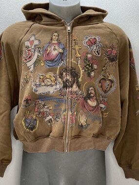 Righteous Unisex Hoodie Brown/Multi Size M Risen King Cropped Full Zip Up